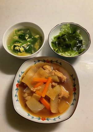 鶏肉と大根の煮物、サラダ、中華スープ-レシピのメイン写真