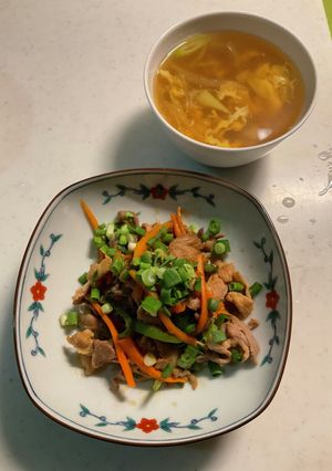 豚肉と野菜の甘辛炒め、中華スープ-レシピのメイン写真