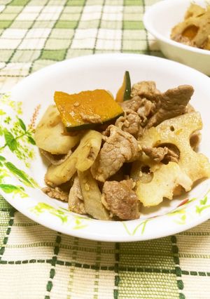 「ん」がいっぱい れんこん・南瓜の豚炒め-レシピのメイン写真