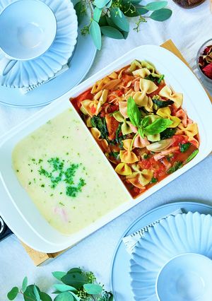 クラムチャウダー&トマトほうれん草パスタ-レシピのメイン写真