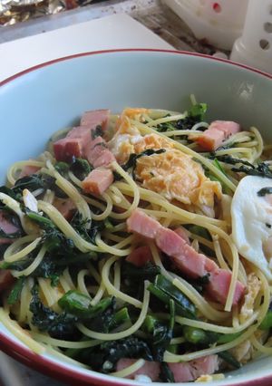 ふわふわ卵とベーコンと春菊のパスタ-レシピのメイン写真