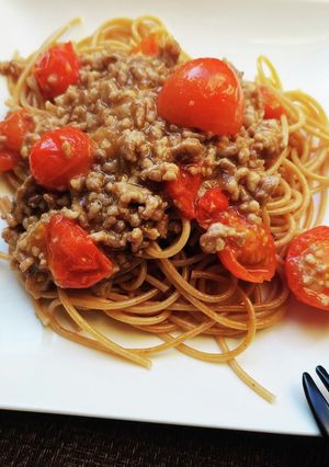 お手軽!ひき肉とプチトマトの広東風パスタ-レシピのメイン写真
