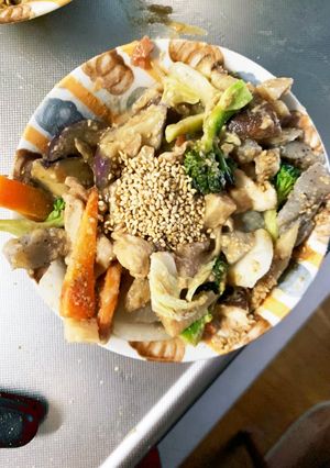 お節リメイク筑前煮きな粉梅ポン青椒肉絲風-レシピのメイン写真
