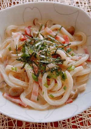 レンジで5分！ベーコンきのこ豆乳うどん-レシピのメイン写真