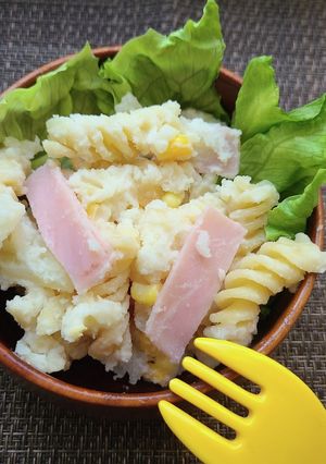 子ども喜ぶ！コーンポテトサラダパスタ！-レシピのメイン写真