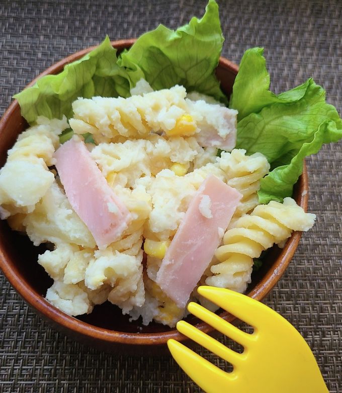 子ども喜ぶ！コーンポテトサラダパスタ！ by 速水ユウ 【クックパッド