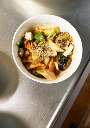 レンジ肉無豆腐きな粉ナポリタン味野菜炒め-レシピのメイン写真
