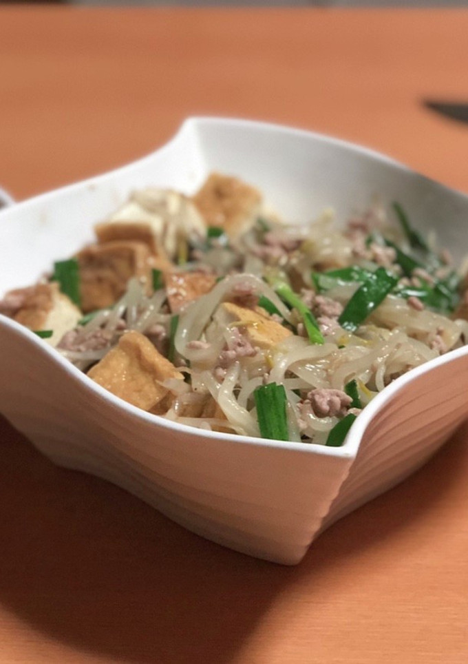もやしとにらとひき肉と厚揚げ炒め煮-レシピのメイン写真