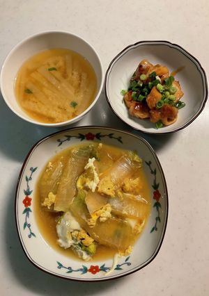 鶏の照り焼き、白菜の卵とじ、味噌汁-レシピのメイン写真
