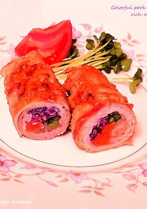 豚肉カラフル巻き❤濃厚味噌ソースで-レシピのメイン写真