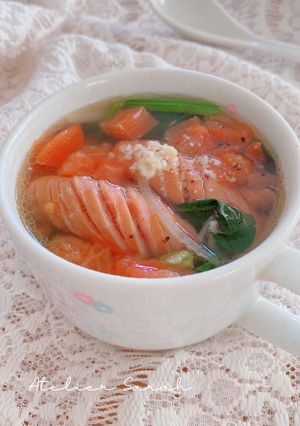 レンジで3分！ソーセージ＆野菜のスープ-レシピのメイン写真