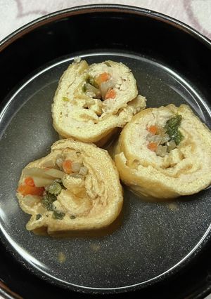 ３種野菜と鶏ひき肉の油揚げロール煮-レシピのメイン写真