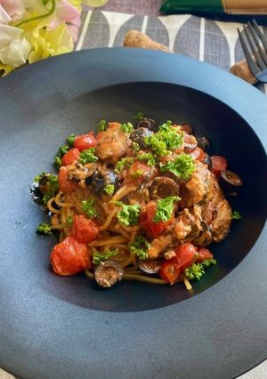 お豆のパスタでさば缶トマトスパゲッティ　-レシピのメイン写真
