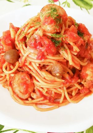 簡単ヘルシー！帆立としめじのトマトパスタ-レシピのメイン写真