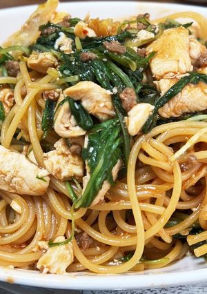 麻婆豆腐の残りとささみと水菜のパスタ-レシピのメイン写真