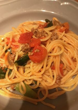 トマト缶ほうれん草マッシュルームのパスタ-レシピのメイン写真