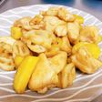 蓮根とさつま芋と鶏胸肉の甘酢炒め
