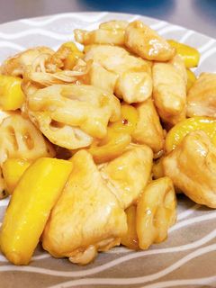 蓮根とさつま芋と鶏胸肉の甘酢炒め-レシピのメイン写真