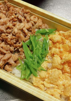 鶏そぼろと卵と絹さやの3食丼-レシピのメイン写真