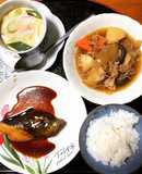 鰤の照り焼き、茶碗蒸し、肉じゃが