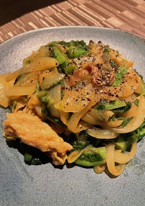 菜の花と豚肉のカレーマヨ炒め-レシピのメイン写真
