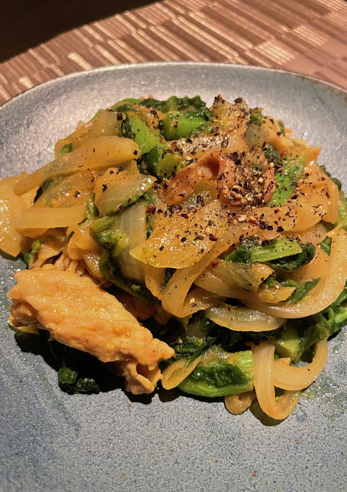 菜の花と豚肉のカレーマヨ炒め-レシピのメイン写真