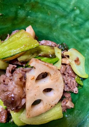 蓮根とチンゲン菜と牛肉の七味炒め-レシピのメイン写真