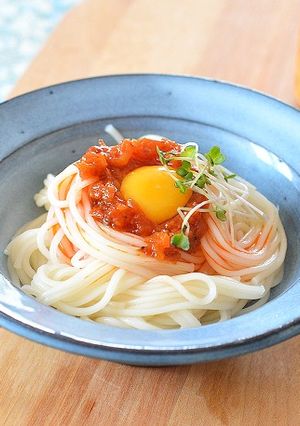 カルディのエビチリ醬のっけ素麺♪-レシピのメイン写真