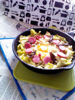 春キャベツ+日野菜漬けの月見焼きうどん-レシピのメイン写真