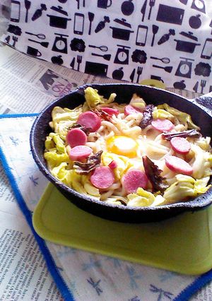 春キャベツ+日野菜漬けの月見焼きうどん-レシピのメイン写真