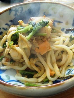 菜の花とホタテ 春の焼きうどん-レシピのメイン写真