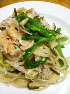 レンチン桜海老シラス菜の花白菜のパスタ-レシピのメイン写真