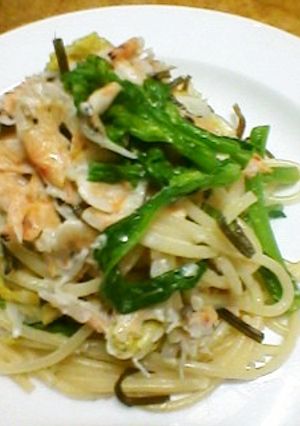 レンチン桜海老シラス菜の花白菜のパスタ-レシピのメイン写真