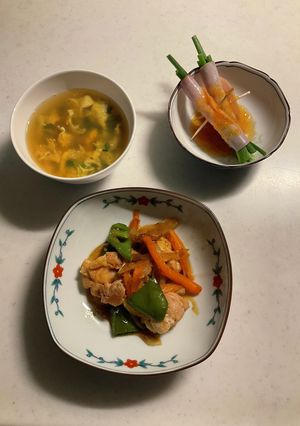 鶏野菜照り焼き卵の中華スープハムの葱巻き-レシピのメイン写真