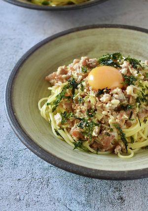月見鶏そぼろパスタ-レシピのメイン写真