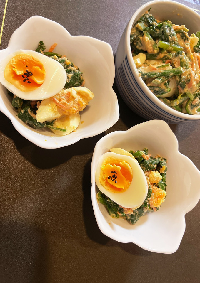 ほうれん草とゆで卵のごま味噌マヨ和え-レシピのメイン写真