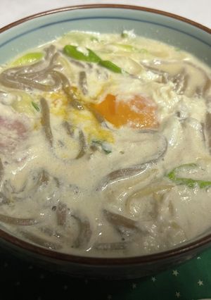 菜の花と春キャベツの牛乳月見そば-レシピのメイン写真