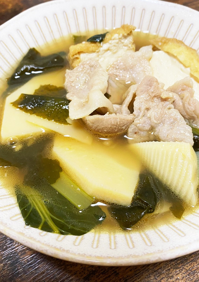 筍・わかめ・厚揚げ・小松菜・豚肉の煮物-レシピのメイン写真