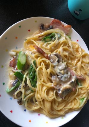 アスパラとベーコンの豆乳カルボナーラ-レシピのメイン写真