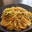 時短簡単☆水菜とキムチの炒めうどん醤油味