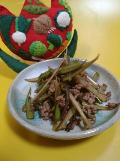 ウドの皮とひき肉のきんぴら-レシピのメイン写真