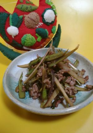 ウドの皮とひき肉のきんぴら-レシピのメイン写真