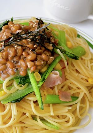 小松菜とベーコンの和風納豆パスタ-レシピのメイン写真