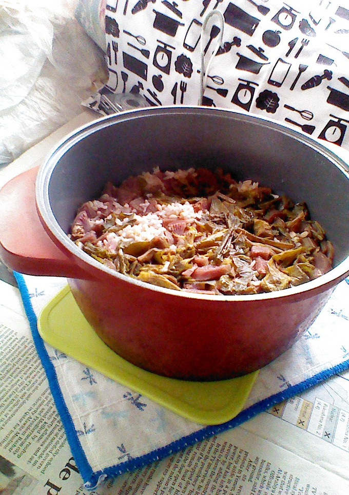 無加水鍋で日野菜漬けの炊き込みご飯-レシピのメイン写真