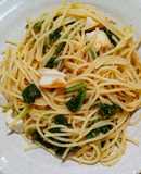ちぎり竹輪とホウレン草の鰹節風マヨパスタ