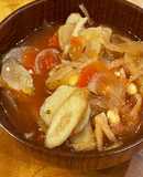 菊芋とゴボウと大豆のトマト味噌スープ