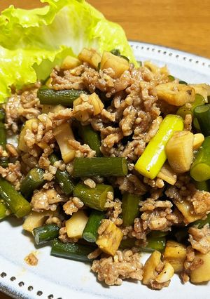 ニンニクの芽とひき肉炒めのレンコン入り-レシピのメイン写真