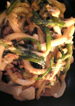 圧力鍋：ハマチのアラと春菊の焼きうどん-レシピのメイン写真