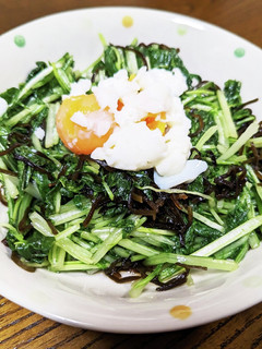 アイラップで!水菜と塩昆布の温玉サラダ-レシピのメイン写真