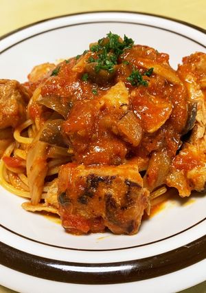 鶏もも肉とキノコのトマトパスタ-レシピのメイン写真